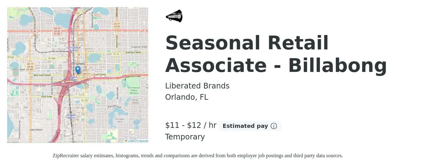 Liberated Brands job posting for a Seasonal Retail Associate - Billabong in Orlando, FL with a salary of $12 to $13 Hourly with a map of Orlando location.