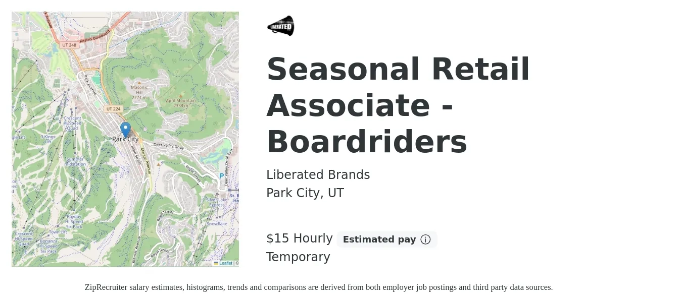Liberated Brands job posting for a Seasonal Retail Associate - Boardriders in Park City, UT with a salary of $16 Hourly with a map of Park City location.