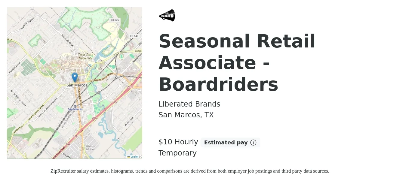 Liberated Brands job posting for a Seasonal Retail Associate - Boardriders in San Marcos, TX with a salary of $10 Hourly with a map of San Marcos location.