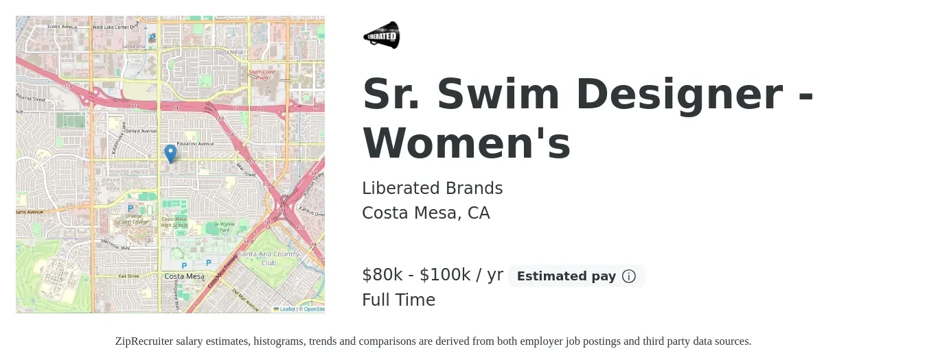 Liberated Brands job posting for a Sr. Swim Designer - Women's in Costa Mesa, CA with a salary of $80,000 to $100,000 Yearly with a map of Costa Mesa location.