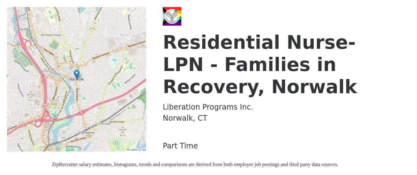Liberation Programs Inc. job posting for a Residential Nurse- LPN - Families in Recovery, Norwalk in Norwalk, CT with a salary of $26 to $35 Hourly with a map of Norwalk location.
