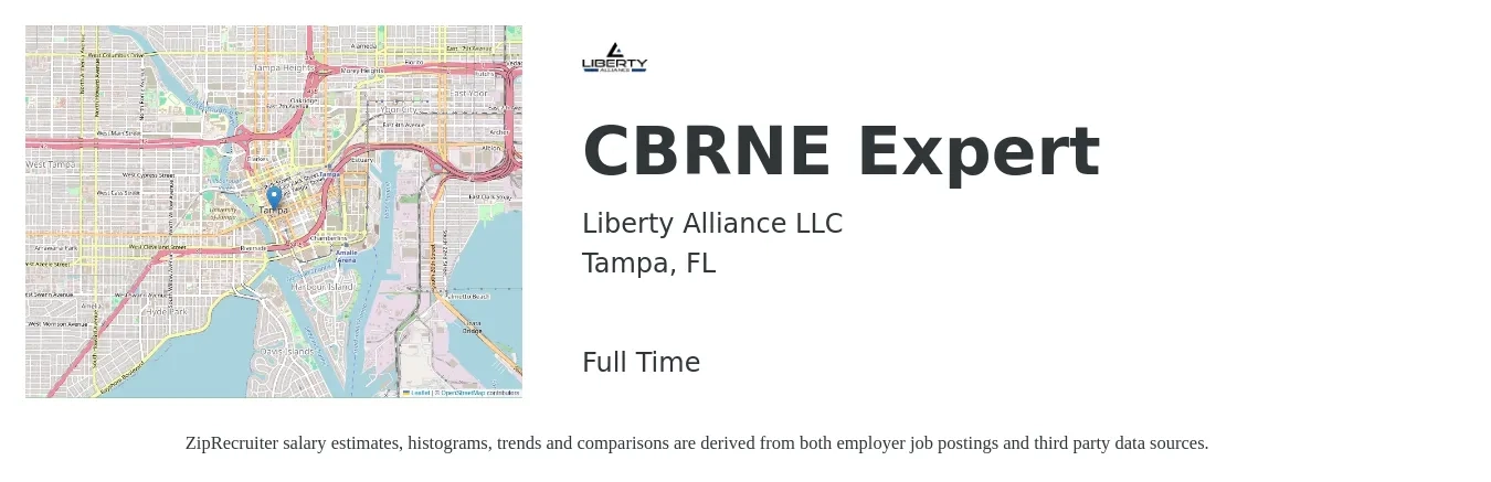 Liberty Alliance LLC job posting for a CBRNE Expert in Tampa, FL with a salary of $105,100 to $105,500 Yearly with a map of Tampa location.