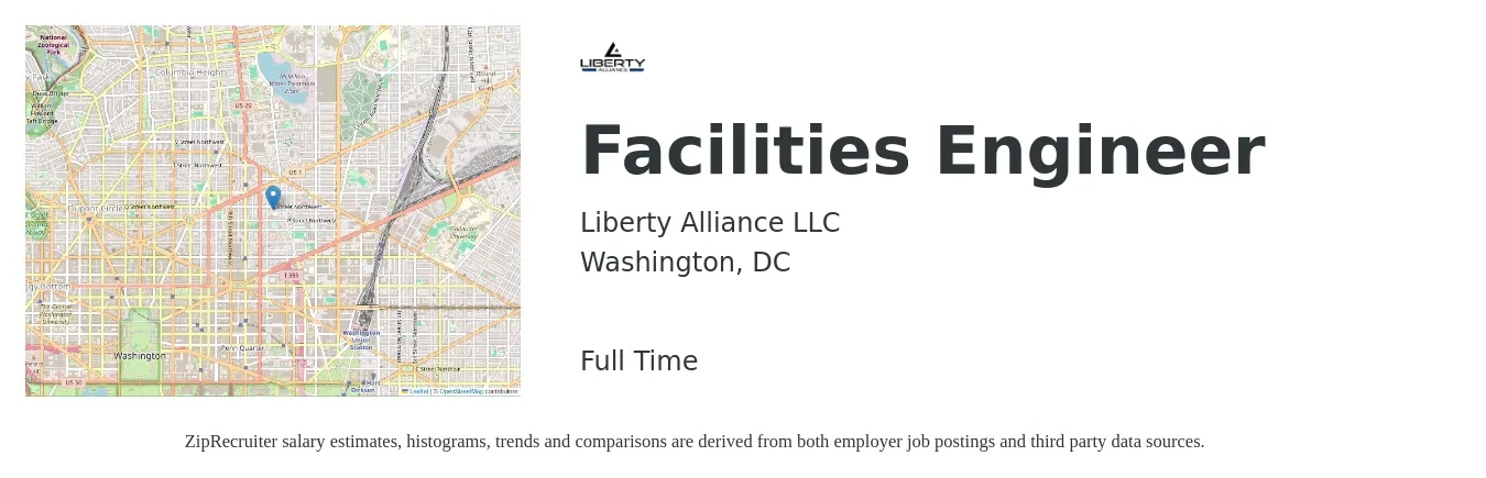Liberty Alliance LLC job posting for a Facilities Engineer in Washington, DC with a salary of $77,300 to $113,000 Yearly with a map of Washington location.