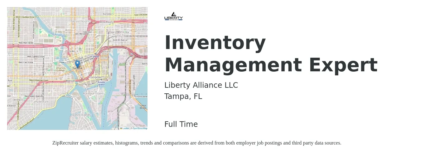 Liberty Alliance LLC job posting for a Inventory Management Expert in Tampa, FL with a salary of $48,900 to $71,100 Yearly with a map of Tampa location.