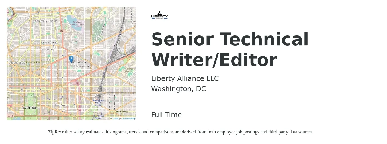 Liberty Alliance LLC job posting for a Senior Technical Writer/Editor in Washington, DC with a salary of $86,300 to $132,100 Yearly with a map of Washington location.
