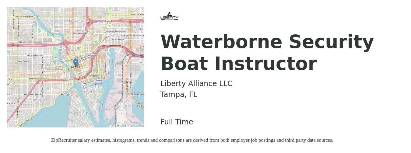 Liberty Alliance LLC job posting for a Waterborne Security Boat Instructor in Tampa, FL with a salary of $43,500 to $58,400 Yearly with a map of Tampa location.