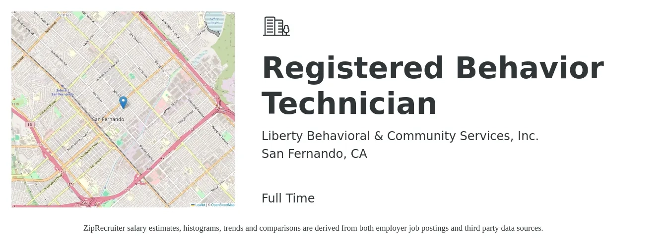 Liberty Behavioral & Community Services, Inc. job posting for a Registered Behavior Technician in San Fernando, CA with a salary of $20 to $28 Hourly with a map of San Fernando location.