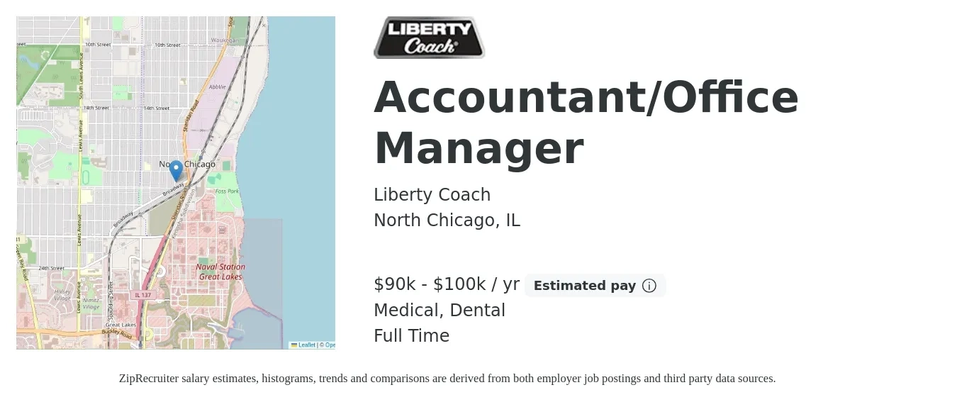 Liberty Coach job posting for a Accountant/Office Manager in North Chicago, IL with a salary of $90,000 to $100,000 Yearly and benefits including dental, life_insurance, medical, and pto with a map of North Chicago location.