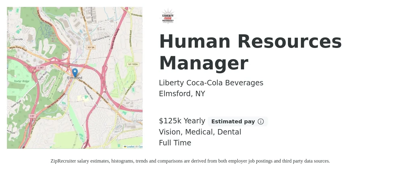 Liberty Coca-Cola Beverages job posting for a Human Resources Manager in Elmsford, NY with a salary of $125,000 Yearly and benefits including life_insurance, medical, pto, vision, and dental with a map of Elmsford location.