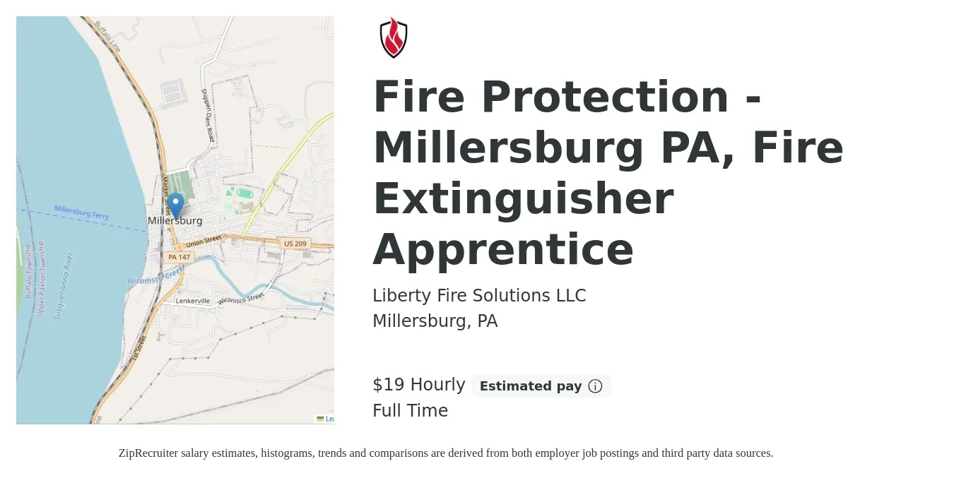Liberty Fire Solutions LLC job posting for a Fire Protection - Millersburg PA, Fire Extinguisher Apprentice in Millersburg, PA with a salary of $20 Hourly with a map of Millersburg location.