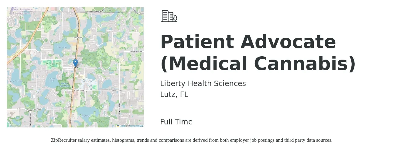 Liberty Health Sciences job posting for a Patient Advocate (Medical Cannabis) in Lutz, FL with a salary of $16 to $20 Hourly with a map of Lutz location.