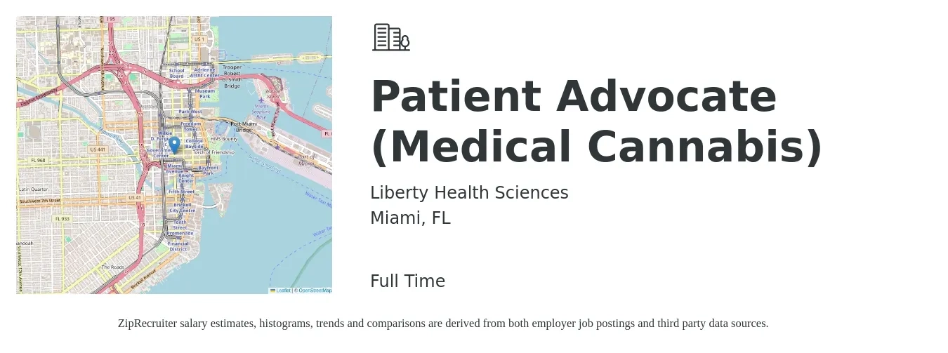Liberty Health Sciences job posting for a Patient Advocate (Medical Cannabis) in Miami, FL with a salary of $17 to $22 Hourly with a map of Miami location.