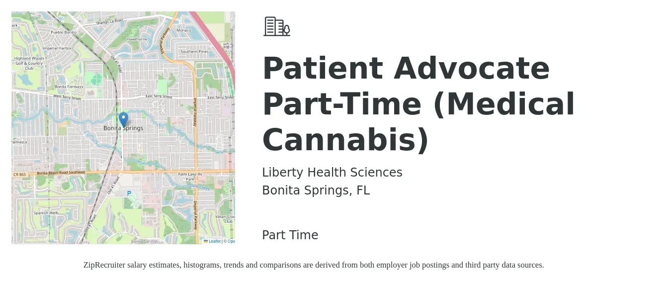 Liberty Health Sciences job posting for a Patient Advocate Part-Time (Medical Cannabis) in Bonita Springs, FL with a salary of $17 to $22 Hourly with a map of Bonita Springs location.