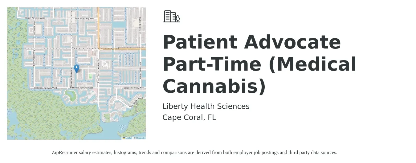 Liberty Health Sciences job posting for a Patient Advocate Part-Time (Medical Cannabis) in Cape Coral, FL with a salary of $16 to $20 Hourly with a map of Cape Coral location.
