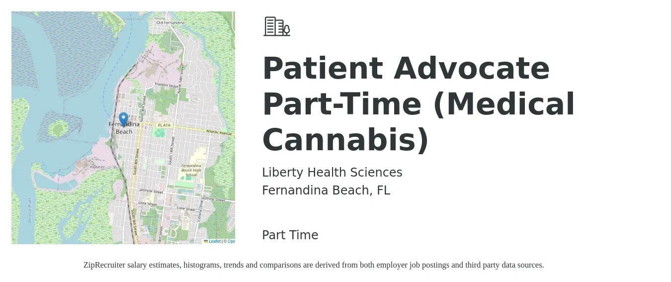 Liberty Health Sciences job posting for a Patient Advocate Part-Time (Medical Cannabis) in Fernandina Beach, FL with a salary of $16 to $21 Hourly with a map of Fernandina Beach location.