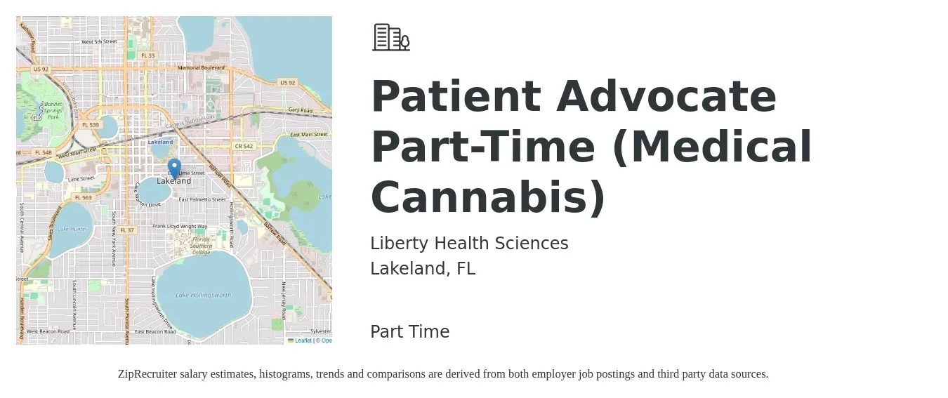 Liberty Health Sciences job posting for a Patient Advocate Part-Time (Medical Cannabis) in Lakeland, FL with a salary of $15 to $20 Hourly with a map of Lakeland location.