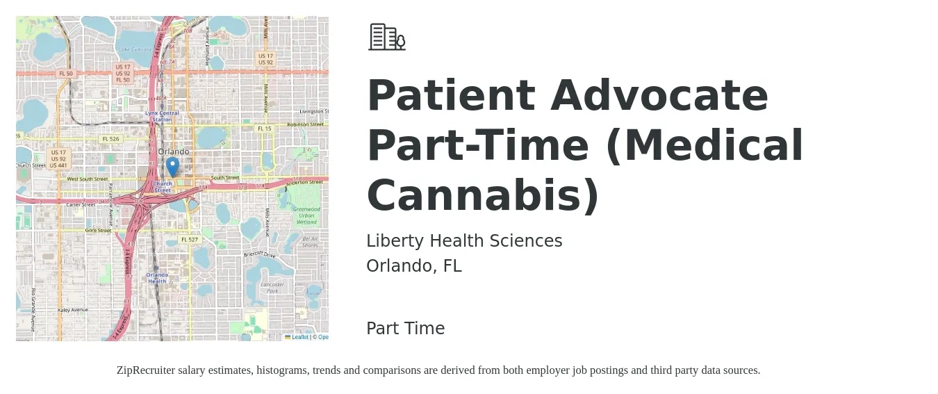 Liberty Health Sciences job posting for a Patient Advocate Part-Time (Medical Cannabis) in Orlando, FL with a salary of $16 to $22 Hourly with a map of Orlando location.