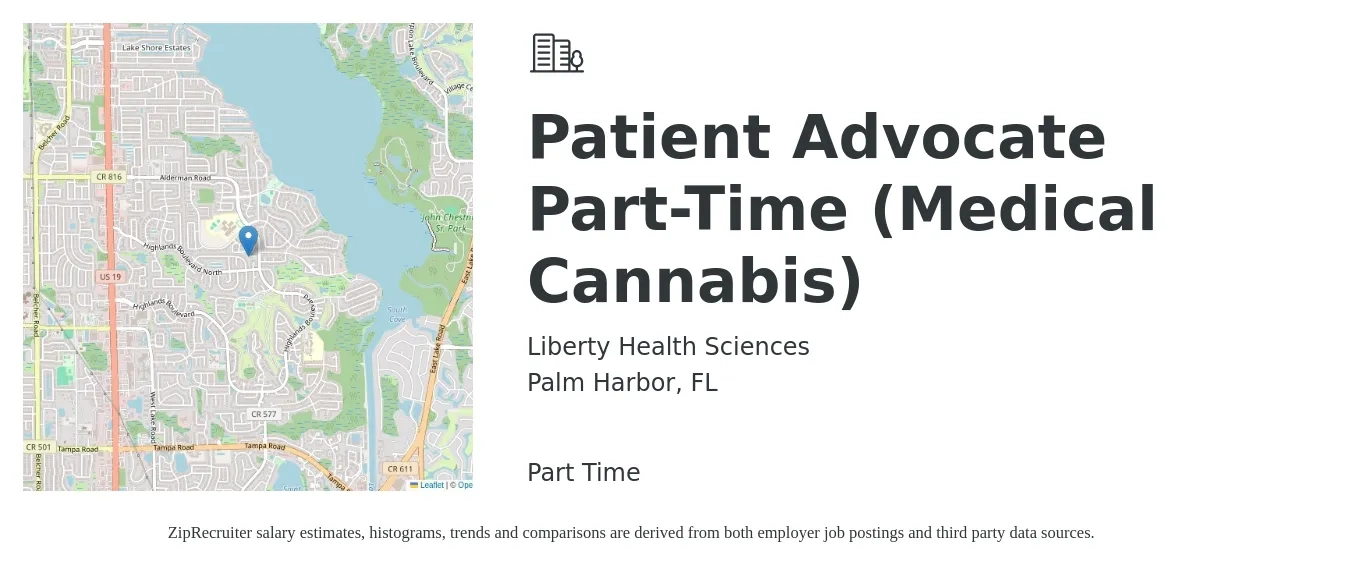 Liberty Health Sciences job posting for a Patient Advocate Part-Time (Medical Cannabis) in Palm Harbor, FL with a salary of $16 to $20 Hourly with a map of Palm Harbor location.