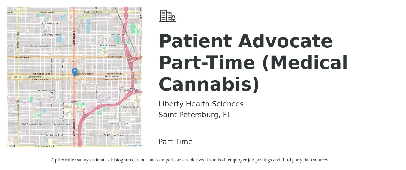 Liberty Health Sciences job posting for a Patient Advocate Part-Time (Medical Cannabis) in Saint Petersburg, FL with a salary of $17 to $22 Hourly with a map of Saint Petersburg location.