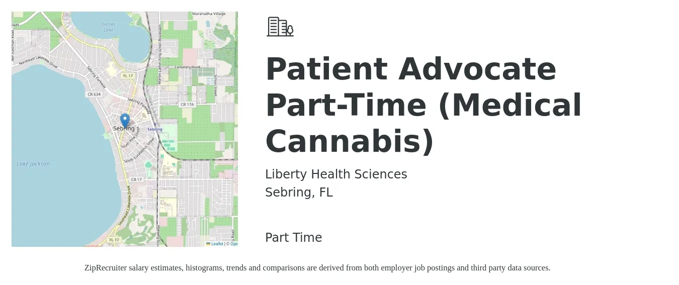 Liberty Health Sciences job posting for a Patient Advocate Part-Time (Medical Cannabis) in Sebring, FL with a salary of $14 to $19 Hourly with a map of Sebring location.