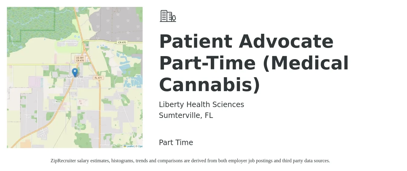 Liberty Health Sciences job posting for a Patient Advocate Part-Time (Medical Cannabis) in Sumterville, FL with a salary of $18 to $23 Hourly with a map of Sumterville location.