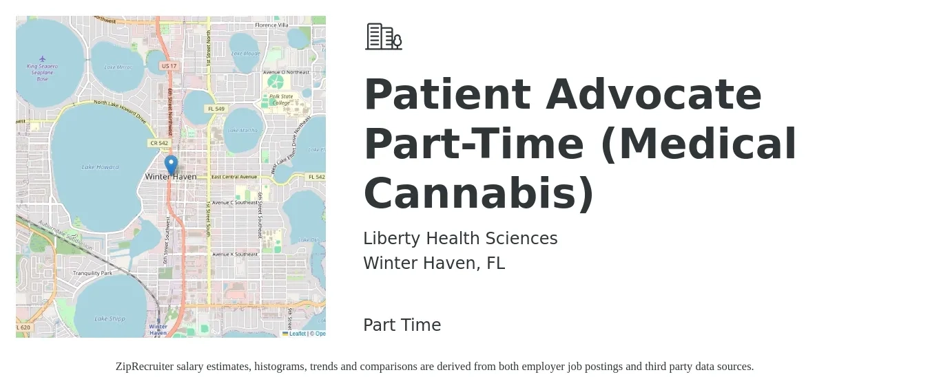 Liberty Health Sciences job posting for a Patient Advocate Part-Time (Medical Cannabis) in Winter Haven, FL with a salary of $16 to $20 Hourly with a map of Winter Haven location.