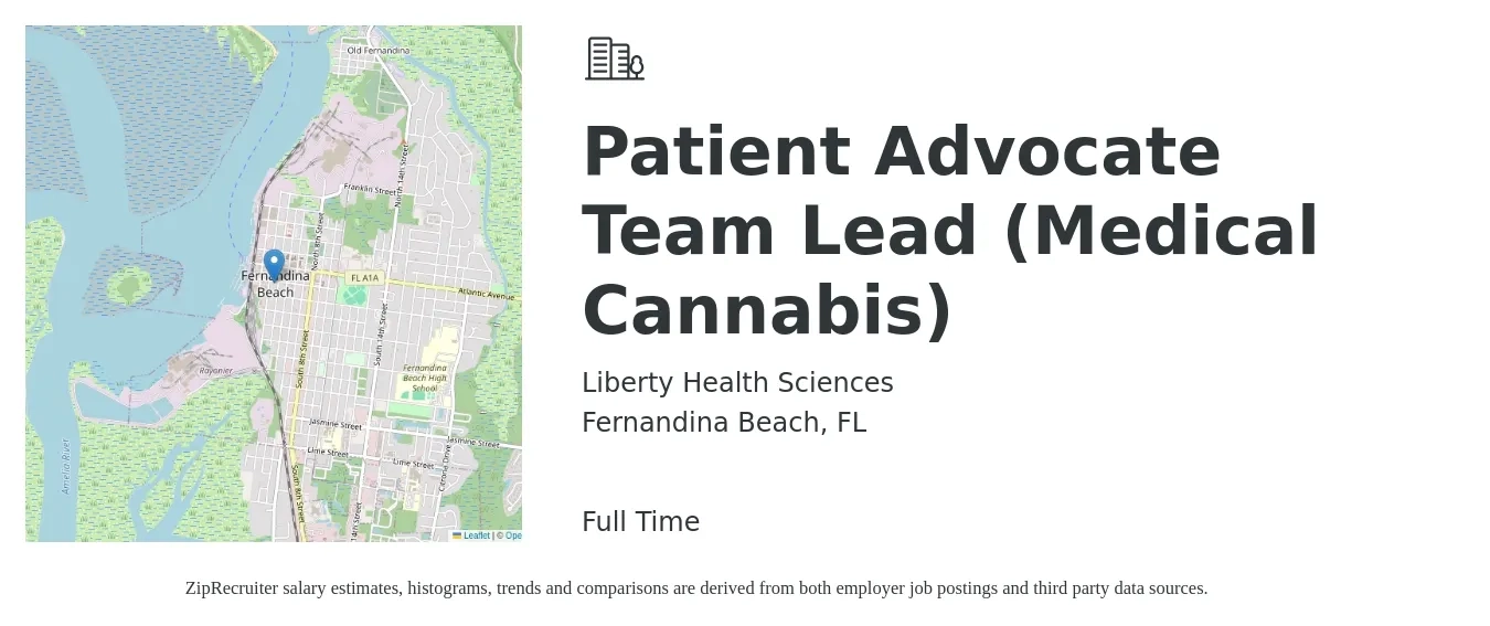 Liberty Health Sciences job posting for a Patient Advocate Team Lead (Medical Cannabis) in Fernandina Beach, FL with a salary of $16 to $21 Hourly with a map of Fernandina Beach location.