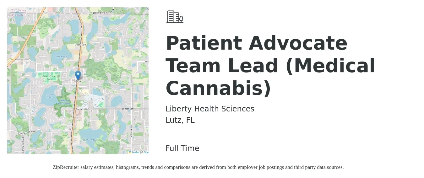Liberty Health Sciences job posting for a Patient Advocate Team Lead (Medical Cannabis) in Lutz, FL with a salary of $16 to $20 Hourly with a map of Lutz location.