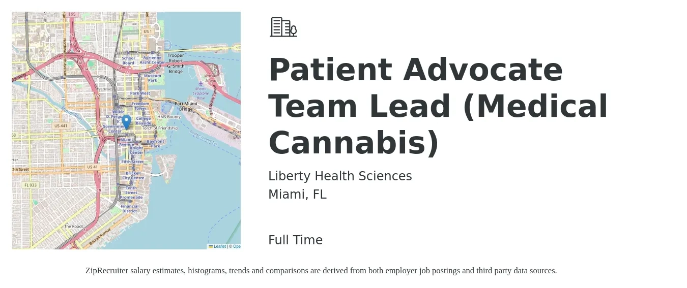 Liberty Health Sciences job posting for a Patient Advocate Team Lead (Medical Cannabis) in Miami, FL with a salary of $17 to $22 Hourly with a map of Miami location.