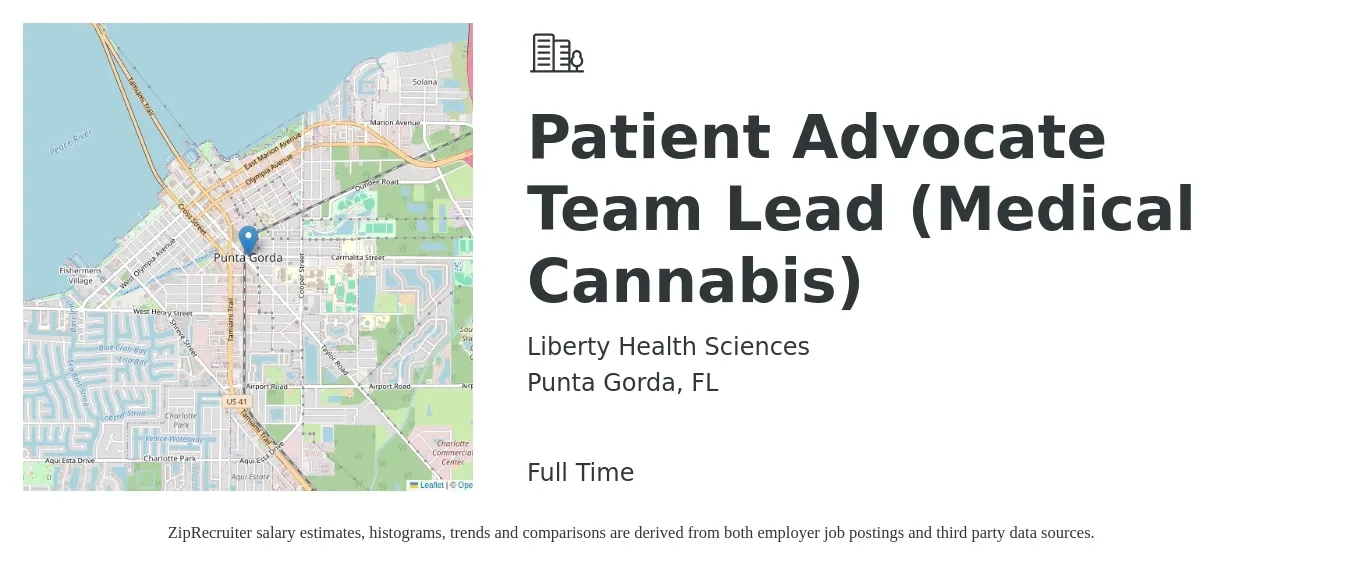 Liberty Health Sciences job posting for a Patient Advocate Team Lead (Medical Cannabis) in Punta Gorda, FL with a salary of $15 to $19 Hourly with a map of Punta Gorda location.