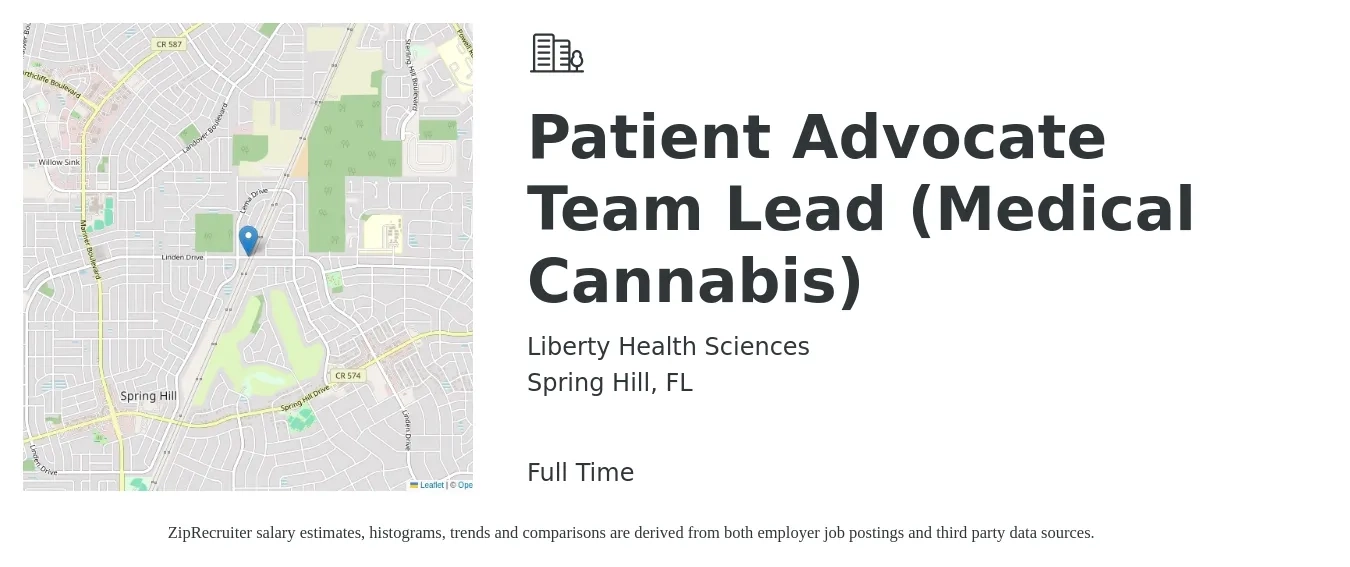 Liberty Health Sciences job posting for a Patient Advocate Team Lead (Medical Cannabis) in Spring Hill, FL with a salary of $15 to $20 Hourly with a map of Spring Hill location.