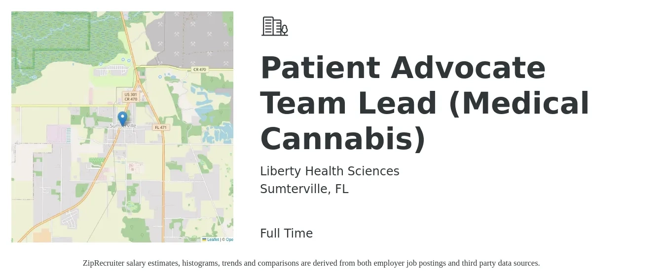 Liberty Health Sciences job posting for a Patient Advocate Team Lead (Medical Cannabis) in Sumterville, FL with a salary of $18 to $23 Hourly with a map of Sumterville location.