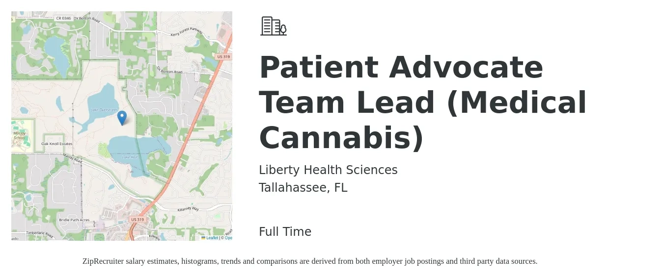Liberty Health Sciences job posting for a Patient Advocate Team Lead (Medical Cannabis) in Tallahassee, FL with a salary of $17 to $22 Hourly with a map of Tallahassee location.