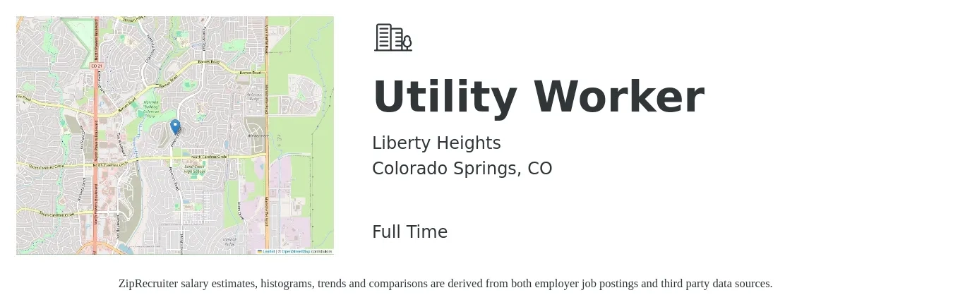 Liberty Heights job posting for a Utility Worker in Colorado Springs, CO with a salary of $14 to $21 Hourly with a map of Colorado Springs location.