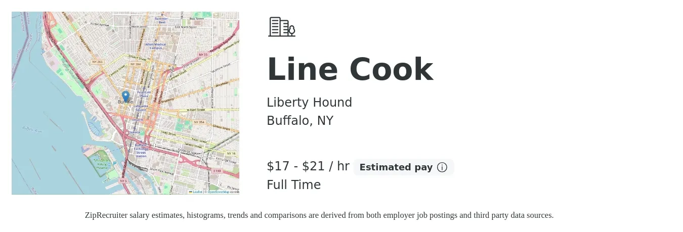 Liberty Hound job posting for a Line Cook in Buffalo, NY with a salary of $18 to $22 Hourly with a map of Buffalo location.