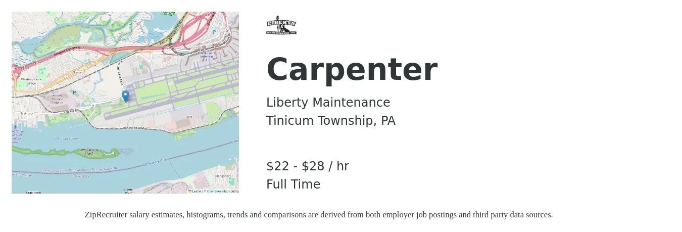 Liberty Maintenance job posting for a Carpenter in Tinicum Township, PA with a salary of $23 to $30 Hourly with a map of Tinicum Township location.
