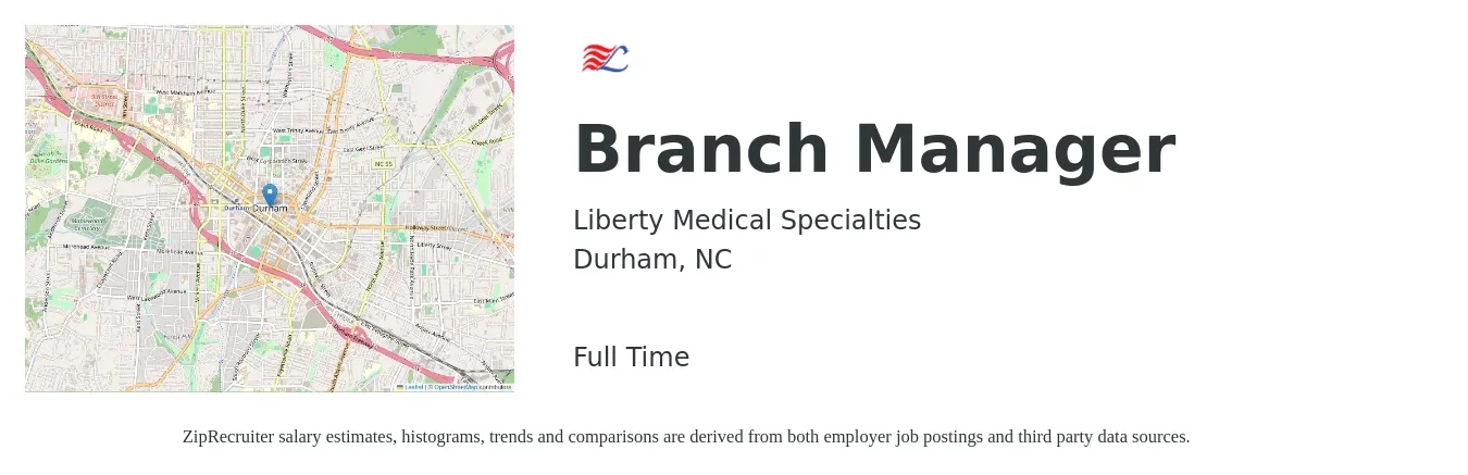 Liberty Medical Specialties job posting for a Branch Manager in Durham, NC with a salary of $55,100 to $83,100 Yearly with a map of Durham location.