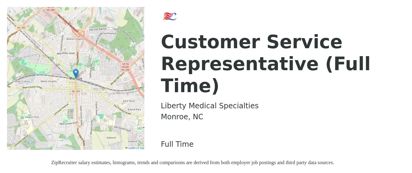 Liberty Medical Specialties job posting for a Customer Service Representative (Full Time) in Monroe, NC with a salary of $15 to $20 Hourly with a map of Monroe location.