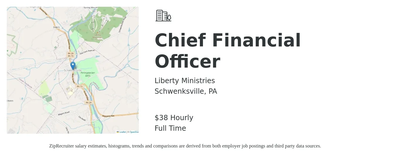 Liberty Ministries job posting for a Chief Financial Officer in Schwenksville, PA with a salary of $40 Hourly with a map of Schwenksville location.