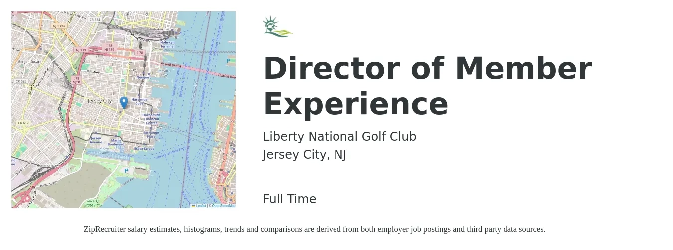 Liberty National Golf Club job posting for a Director of Member Experience in Jersey City, NJ with a salary of $42,800 to $63,700 Yearly with a map of Jersey City location.