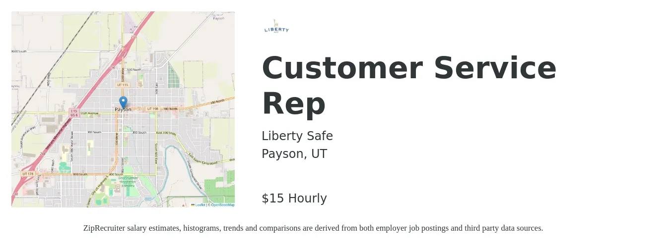 Liberty Safe job posting for a Customer Service Rep in Payson, UT with a salary of $16 Hourly with a map of Payson location.