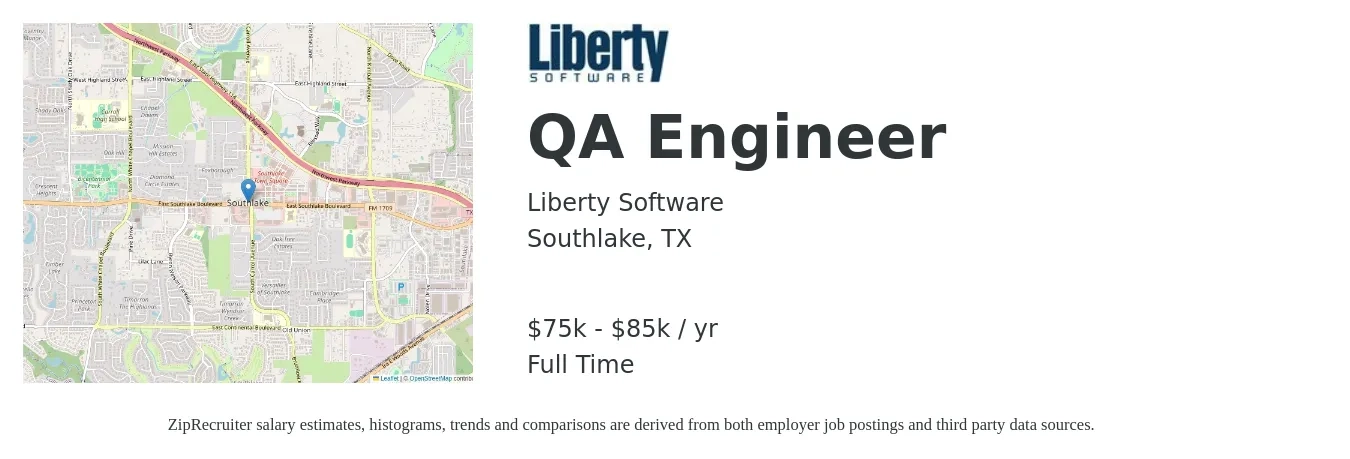 Liberty Software job posting for a QA Engineer in Southlake, TX with a salary of $75,000 to $85,000 Yearly with a map of Southlake location.