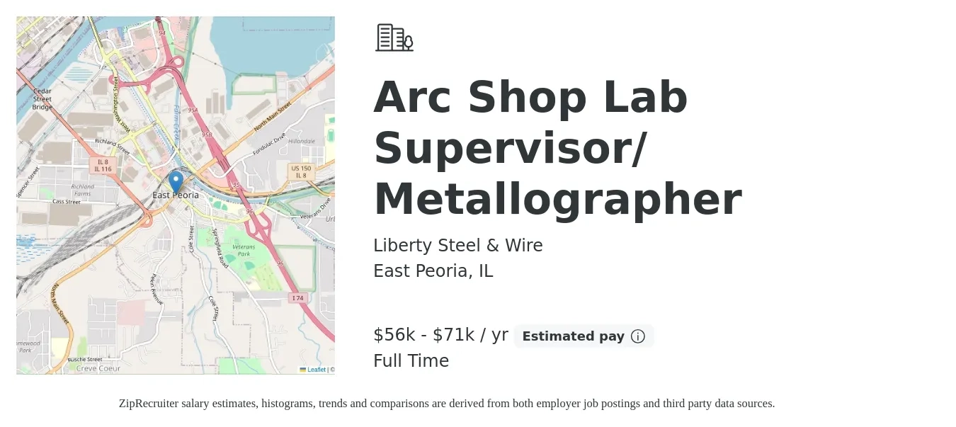 Liberty Steel & Wire job posting for a Arc Shop Lab Supervisor/ Metallographer in East Peoria, IL with a salary of $56,825 to $71,031 Yearly with a map of East Peoria location.