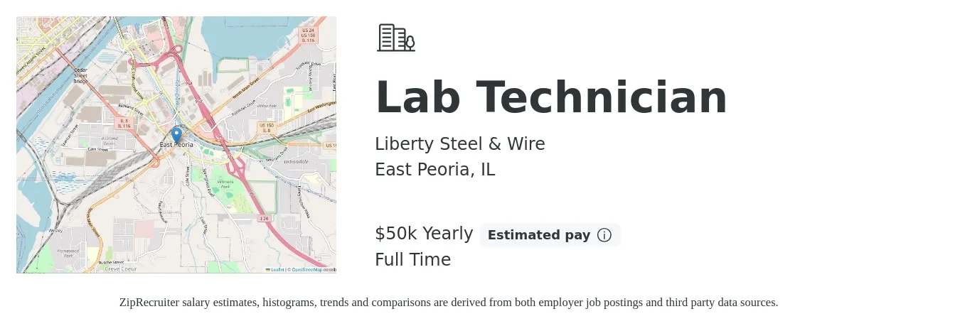 Liberty Steel & Wire job posting for a Lab Technician in East Peoria, IL with a salary of $50,000 Yearly with a map of East Peoria location.