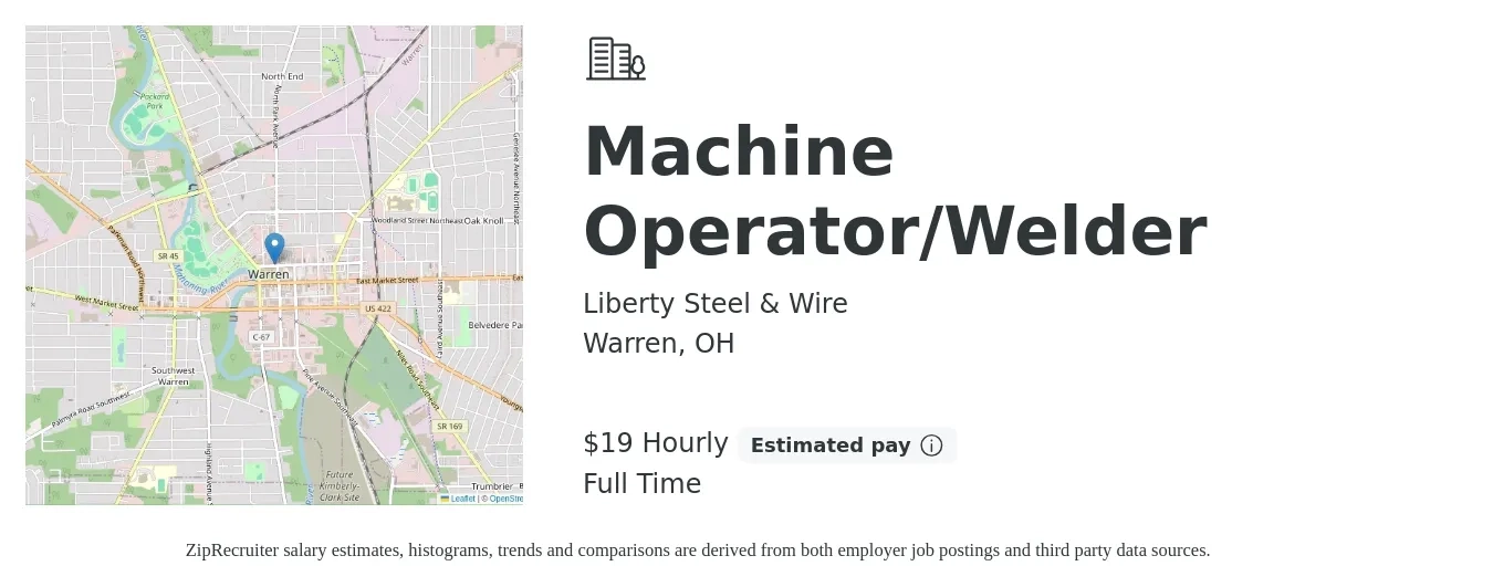 Liberty Steel & Wire job posting for a Machine Operator/Welder in Warren, OH with a salary of $20 Hourly with a map of Warren location.