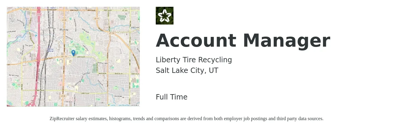 Liberty Tire Recycling job posting for a Account Manager in Salt Lake City, UT with a salary of $46,100 to $75,300 Yearly with a map of Salt Lake City location.