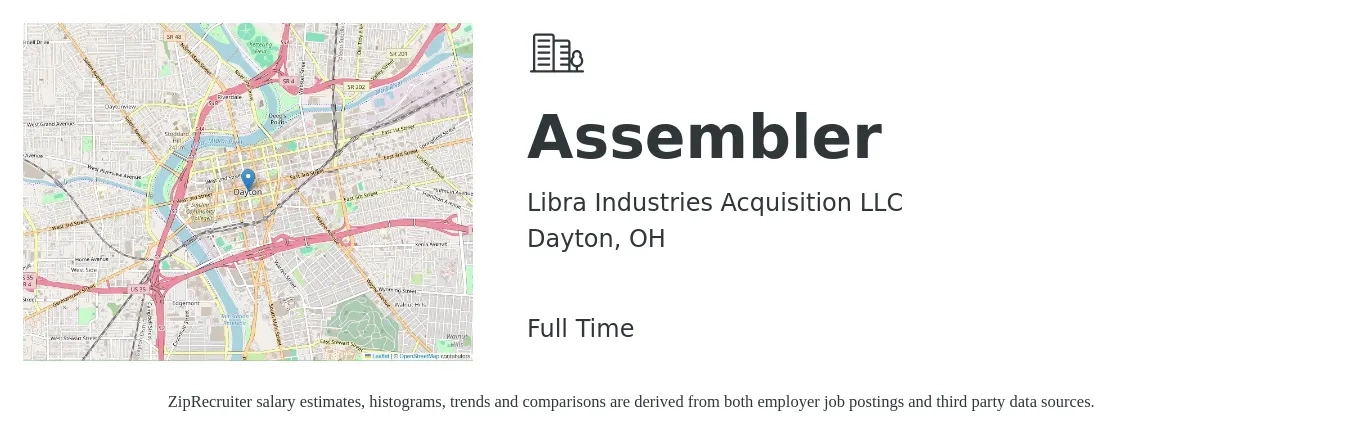 Libra Industries Acquisition LLC job posting for a Assembler in Dayton, OH with a salary of $16 to $19 Hourly with a map of Dayton location.