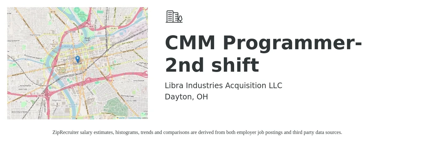 Libra Industries Acquisition LLC job posting for a CMM Programmer- 2nd shift in Dayton, OH with a salary of $27 to $37 Hourly with a map of Dayton location.