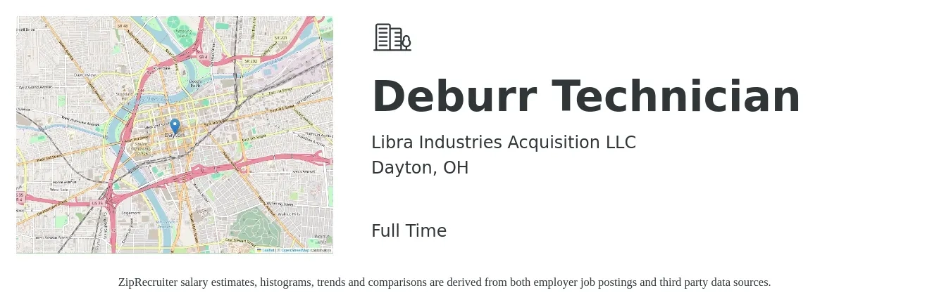 Libra Industries Acquisition LLC job posting for a Deburr Technician in Dayton, OH with a salary of $16 to $20 Hourly with a map of Dayton location.