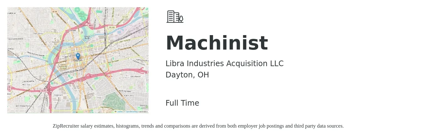 Libra Industries Acquisition LLC job posting for a Machinist in Dayton, OH with a salary of $21 to $29 Hourly with a map of Dayton location.